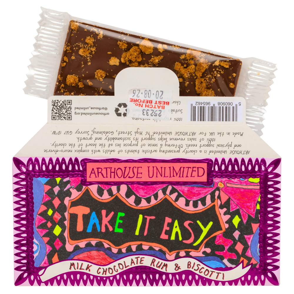 Chocolate bar packaging with colorful design and text, featuring 'Arthouse Unlimited' branding.