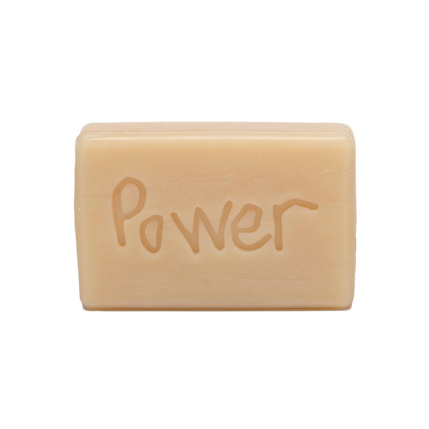 Bar of soap with 'Power' engraved on a white background