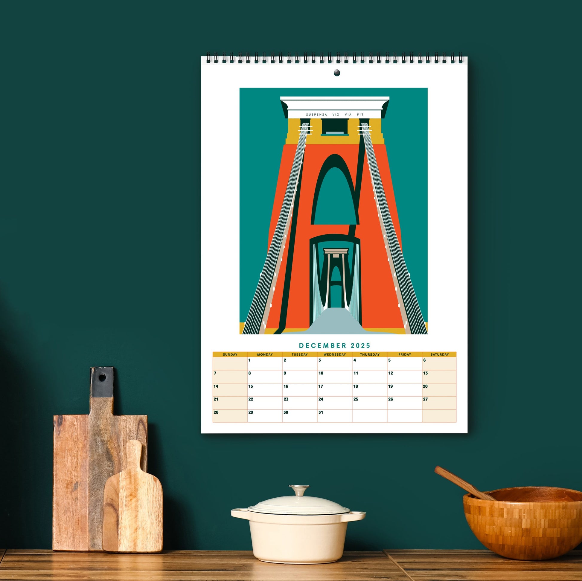 2025 Calendar.  Susan Taylor Designs. Graphic illustrations of Bristol Towers