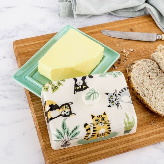 Ceramic Butter Dish decorated with 4 cat sitting amongst foliage.