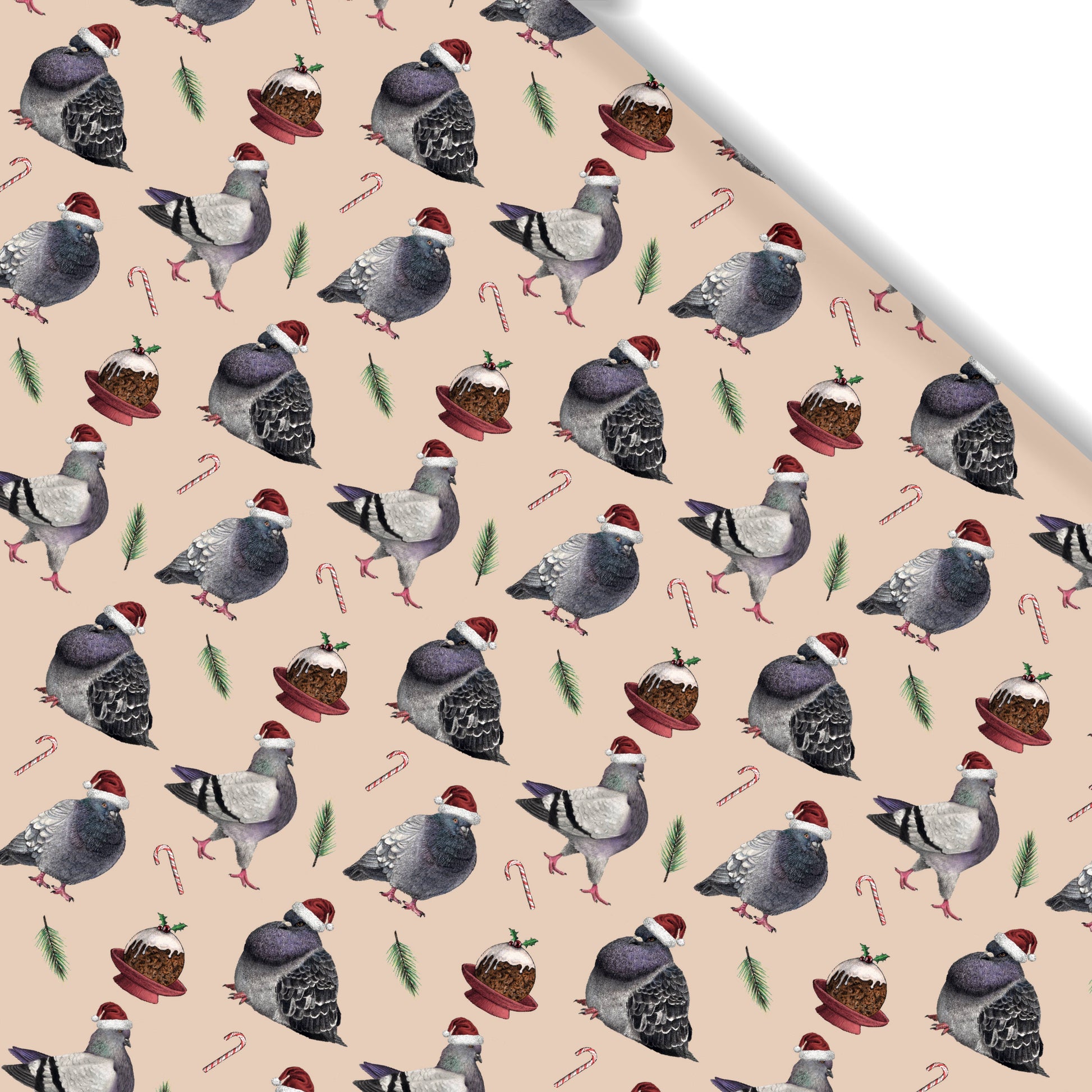 Patterned paper with pigeons, cakes, and candy canes on a beige background