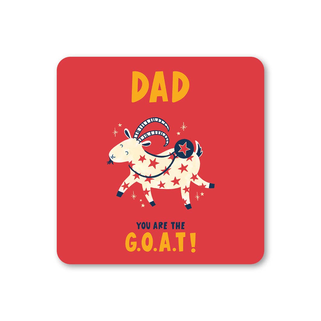 Coasterwith a goat illustration and text on a red background