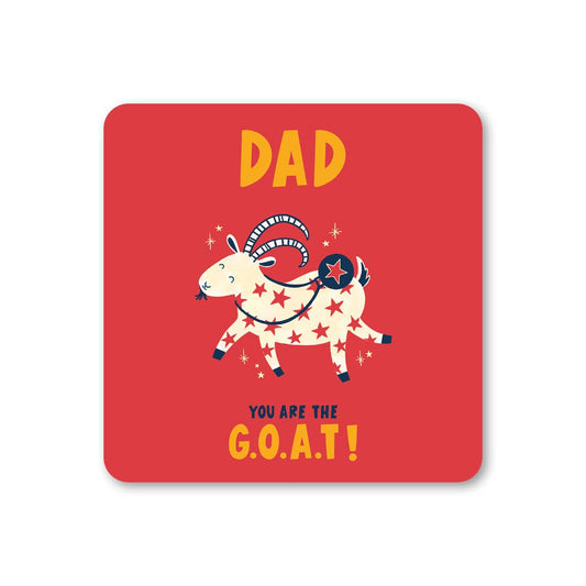 Coasterwith a goat illustration and text on a red background