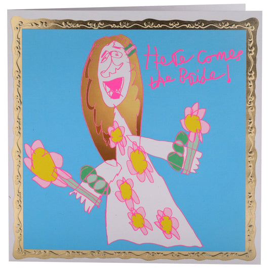 Card with a stylized illustration of a bride holding flowers and an arrow, with 'Here Comes the Bride!' text on a blue background.