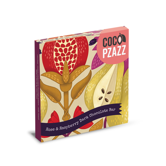 Coco Pzazz chocolate bar packaging with fruit illustration on a white background