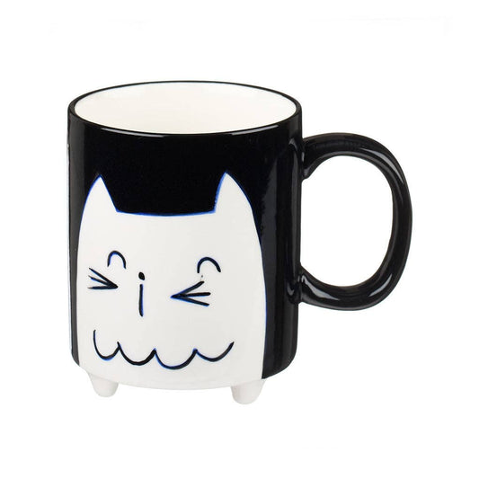 Cat-shaped mug with a black and white design on a white background