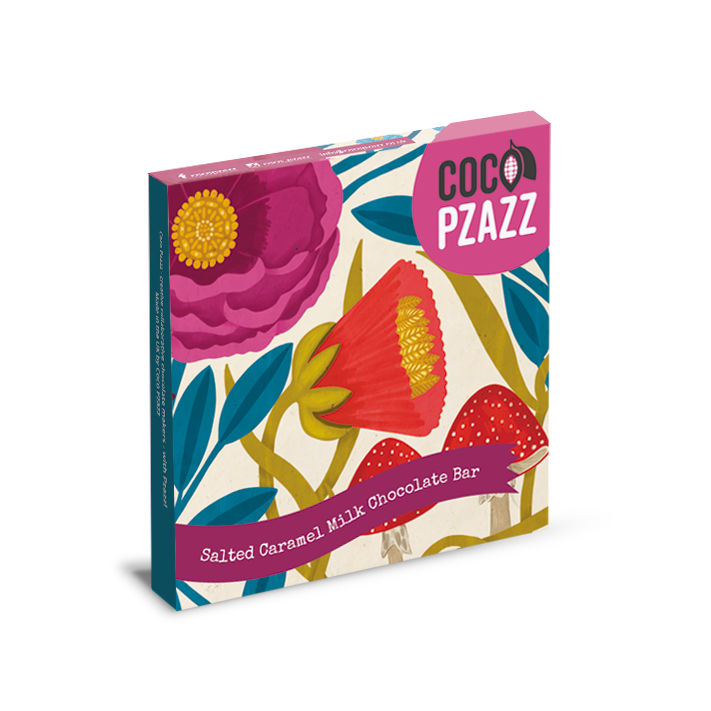Coco Pzazz chocolate bar packaging with floral design on a white background