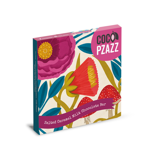 Coco Pzazz chocolate bar packaging with floral design on a white background