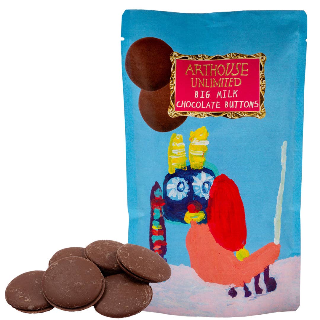 Packaging of Arthouse Unlimited Big Milk Chocolate Buttons with colorful robot illustration on a blue background.