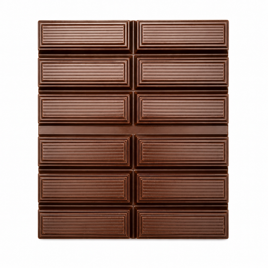 A dark chocolate bar with a 12-piece grid layout, featuring a textured, ribbed surface, isolated on a solid white background.