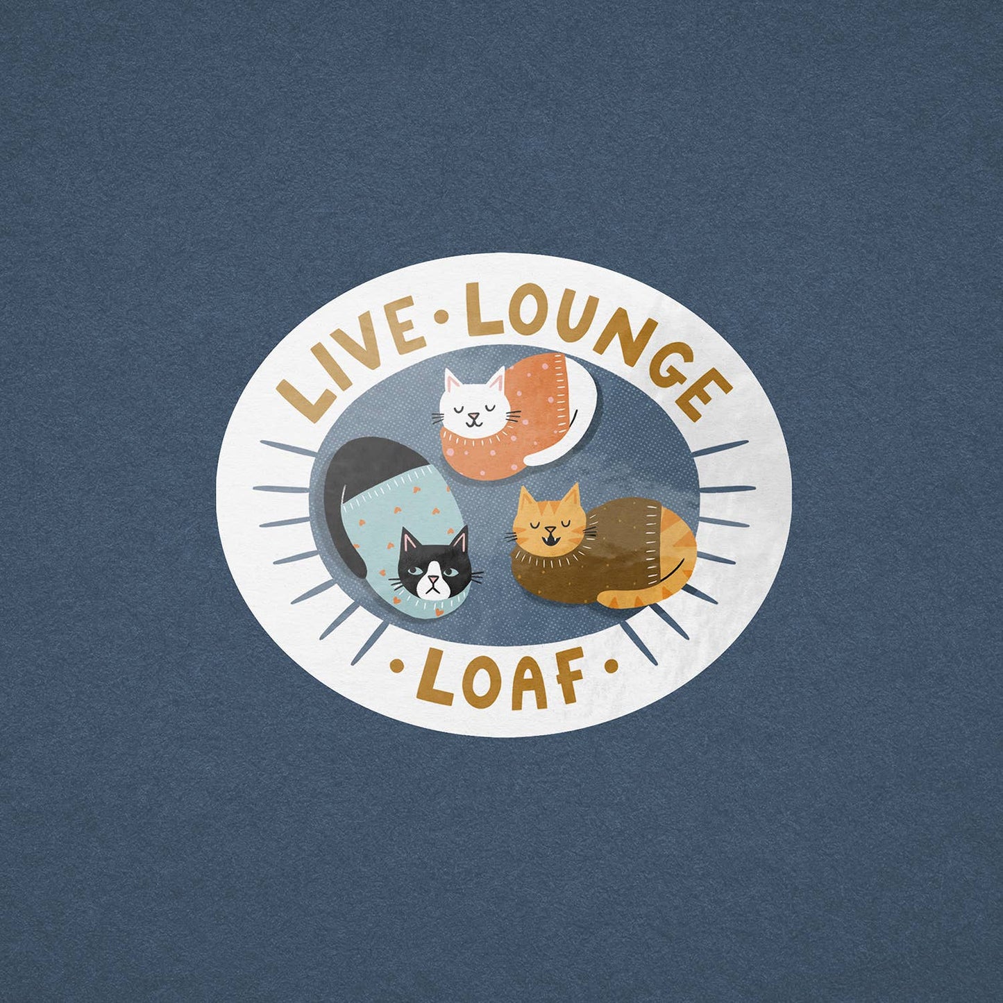 Live, Lounge, Loaf - Cute Colourful Cat Vinyl Sticker 