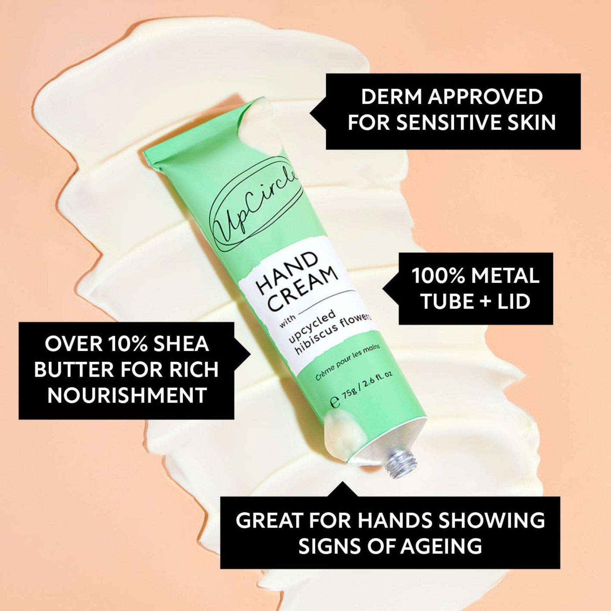 UpCircle hand cream tube with text highlighting features on a peach background