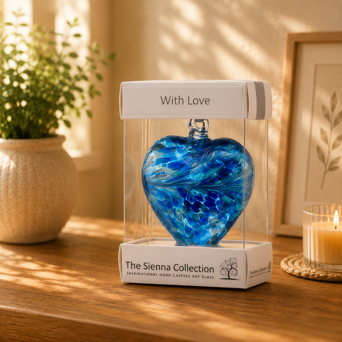 Blue glass heart in a 'With Love' box from The Sienna Collection on a wooden surface with a plant and candle in the background.