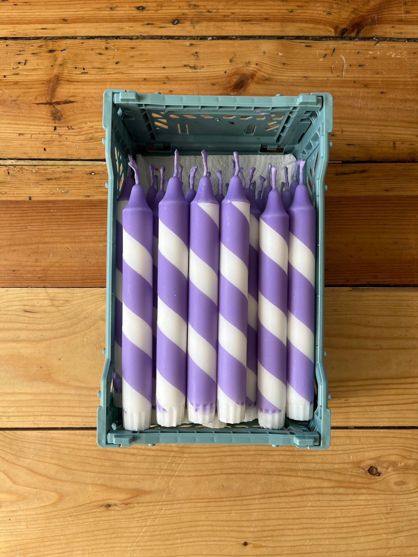 Purple & White table candles.