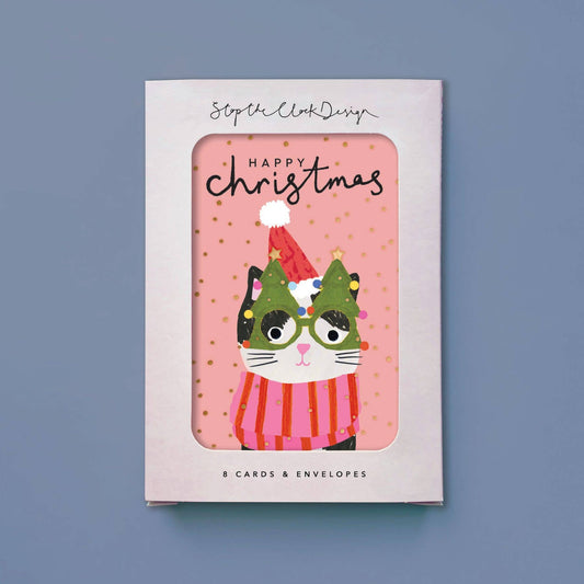 Box of Christmas cards with a cat illustration on a blue background