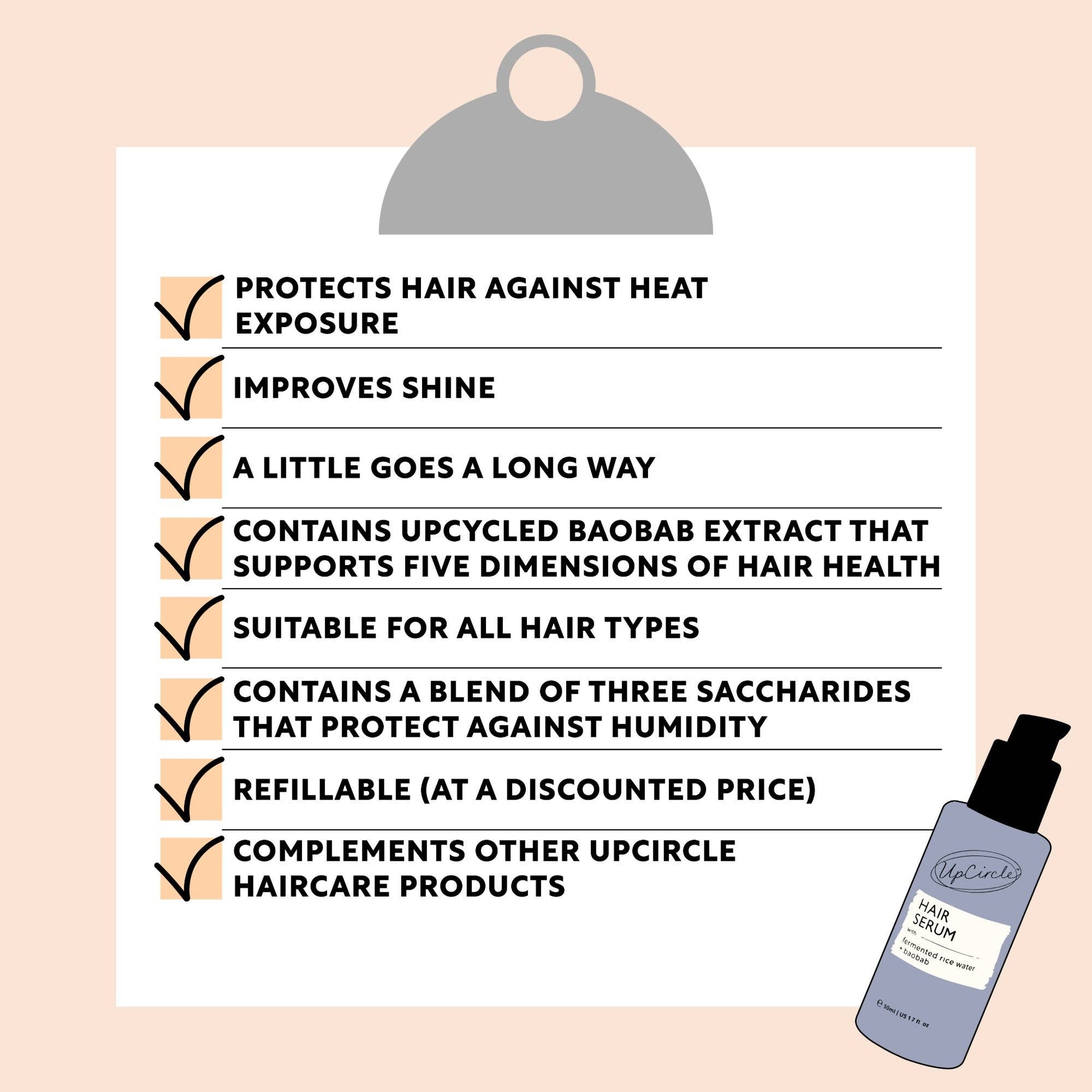 Hair serum product with features listed on a clipboard against a pink background