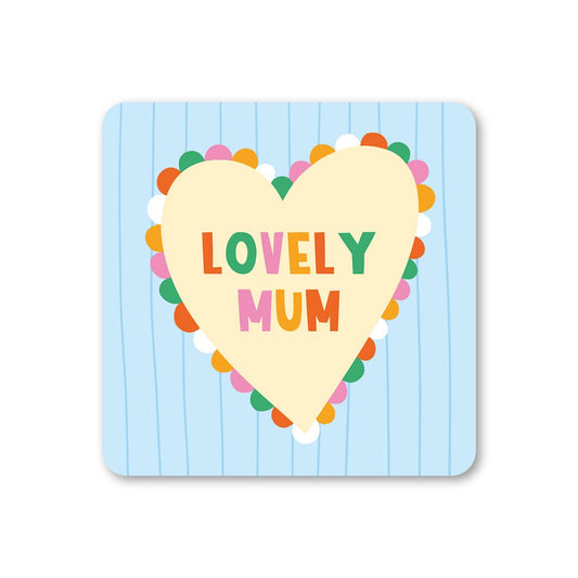 Heart-shaped card with 'LOVELY MUM' text on a blue striped background