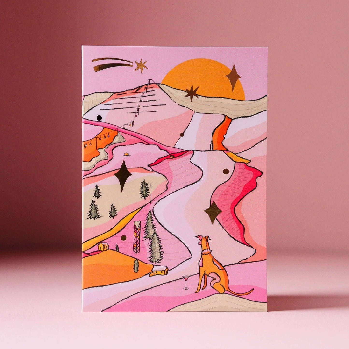 Pink & orange winter wonderland card with a whippet, Christmas cards, scenic landscape card