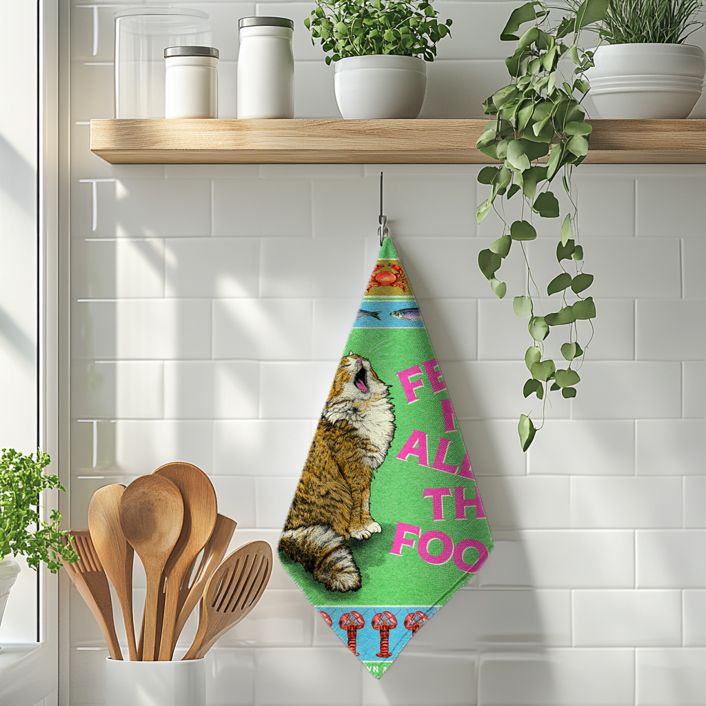 Colorful towel with a cat design hanging on a kitchen wall with wooden utensils and plants.