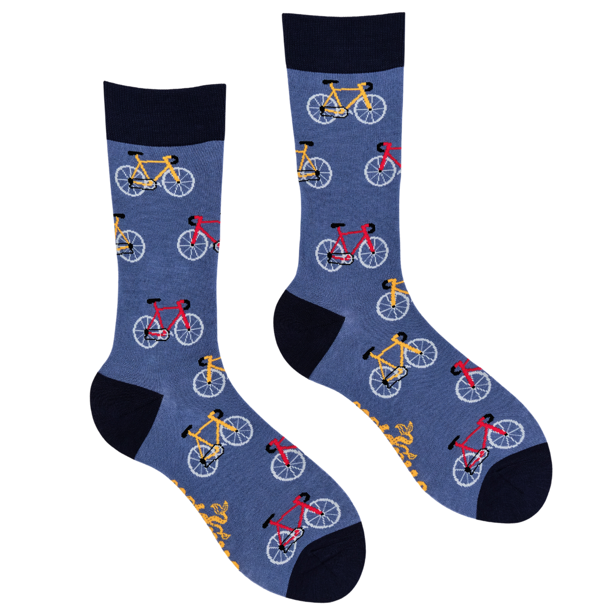 A pair of crew socks in heathered blue with a repeating pattern of bicycles in yellow, red, and white, finished with solid black cuffs, heels, and toes.