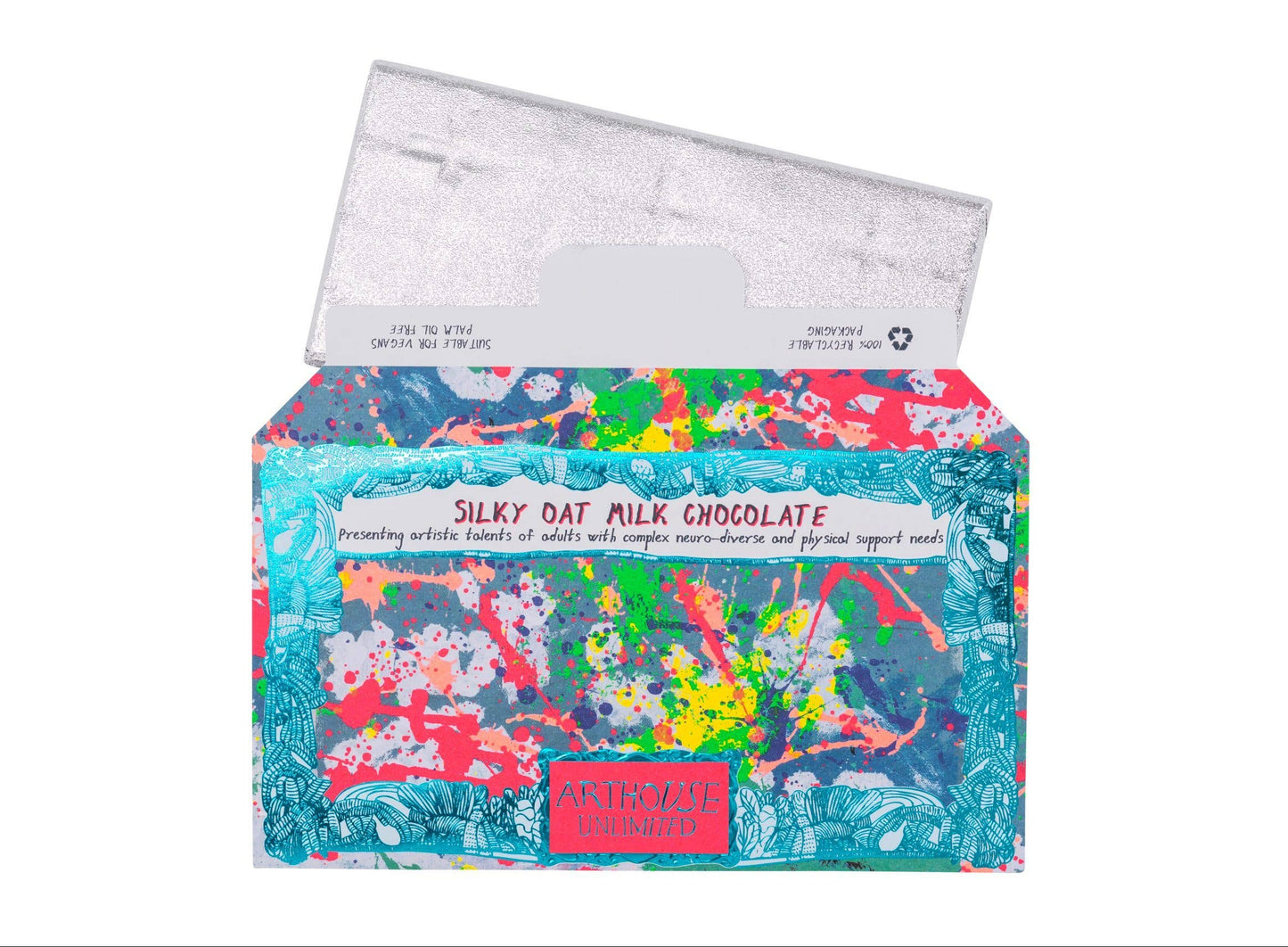 Colorful box of Silky Oat Milk Chocolate with floral design on a white background