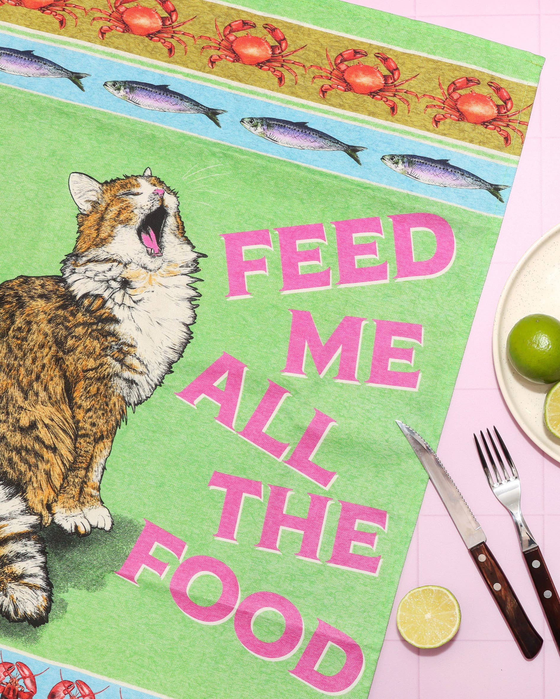 Cat illustration on a placemat with text 'Feed Me All The Food' next to a plate with food.