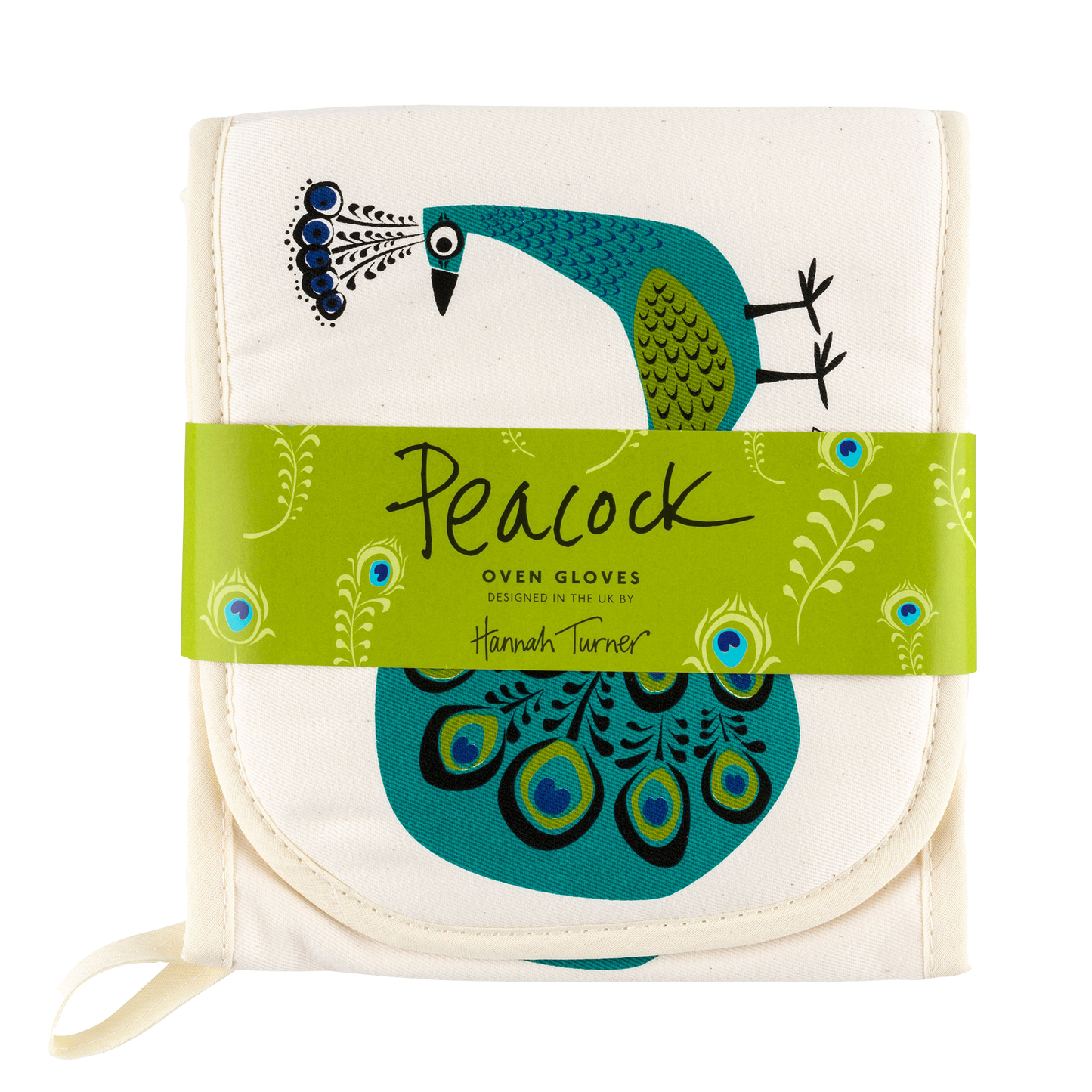 Peacock Double Oven Gloves in handprinted, organic, cotton