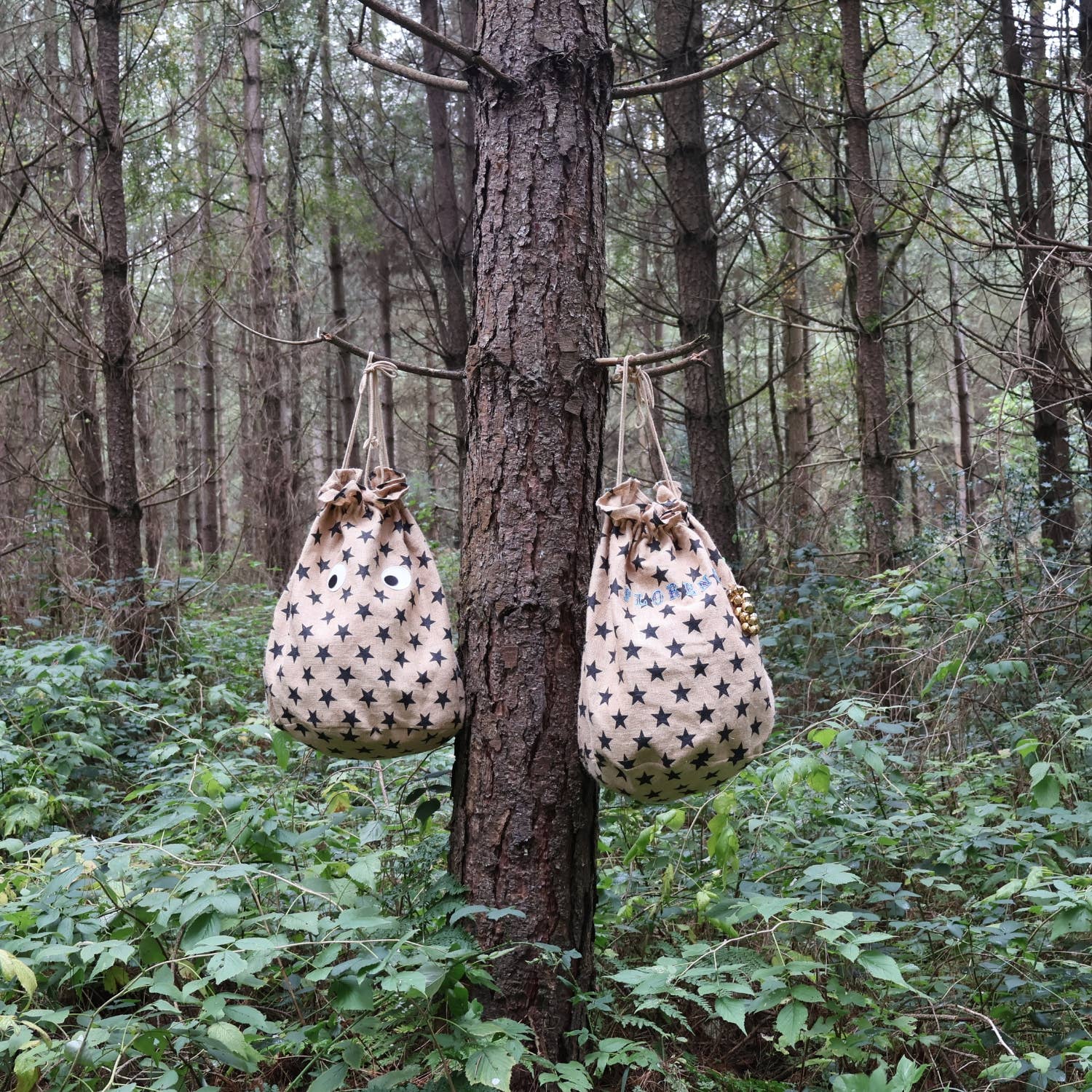Two star-patterned bags hanging from a tree in a forest setting