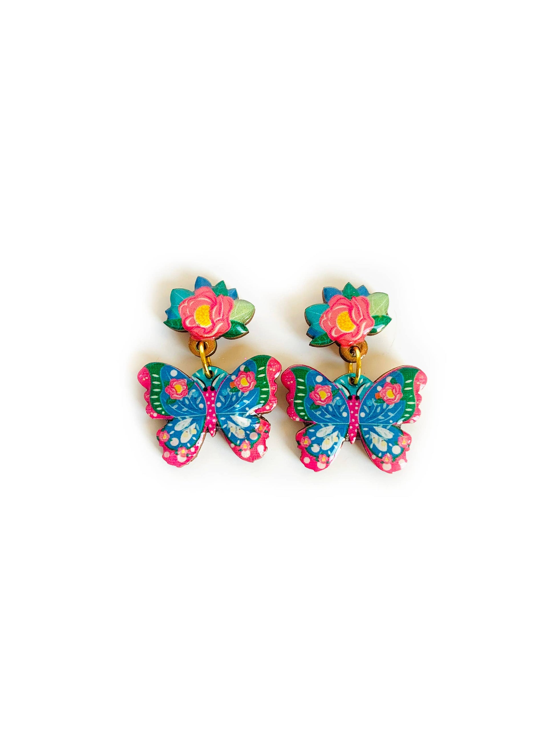 Floral and butterfly wooden and enamel earrings.