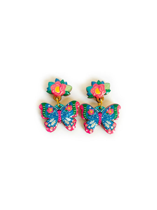 Floral and butterfly wooden and enamel earrings.