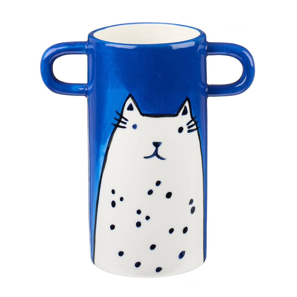 Blue vase with handles and white cat illustration.