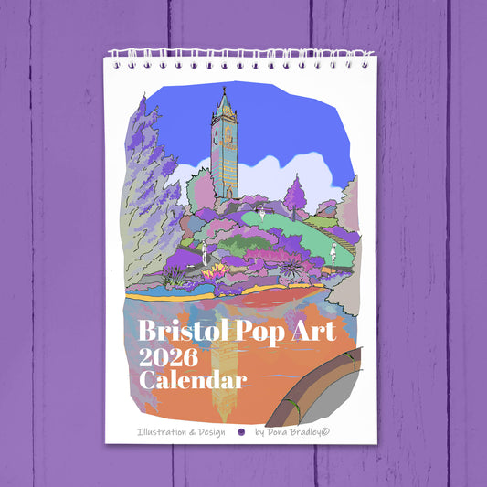 2026 Bristol Pop Art calendar on a purple wooden background