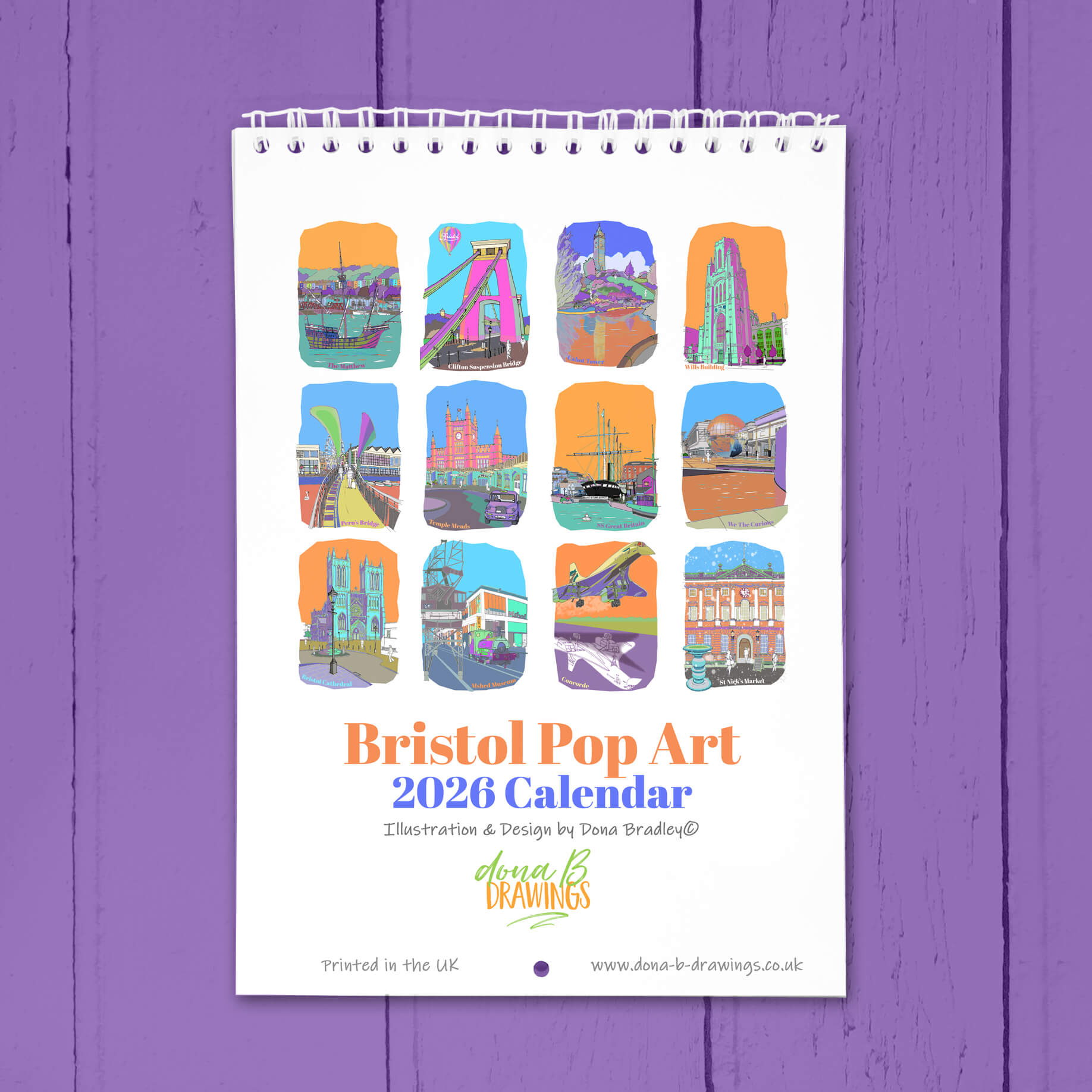 Bristol Pop Art 2026 Calendar on a purple wooden background