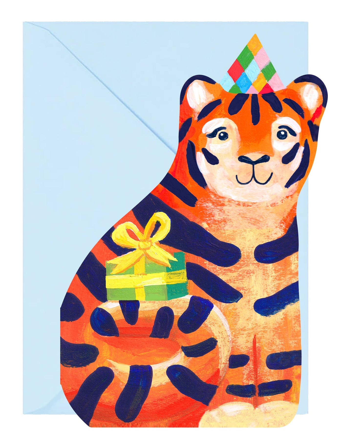 Die hard Tiger with party hat and present with blue envelope.