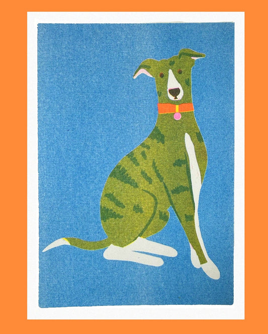 Green dog illustration on a blue background with an orange border