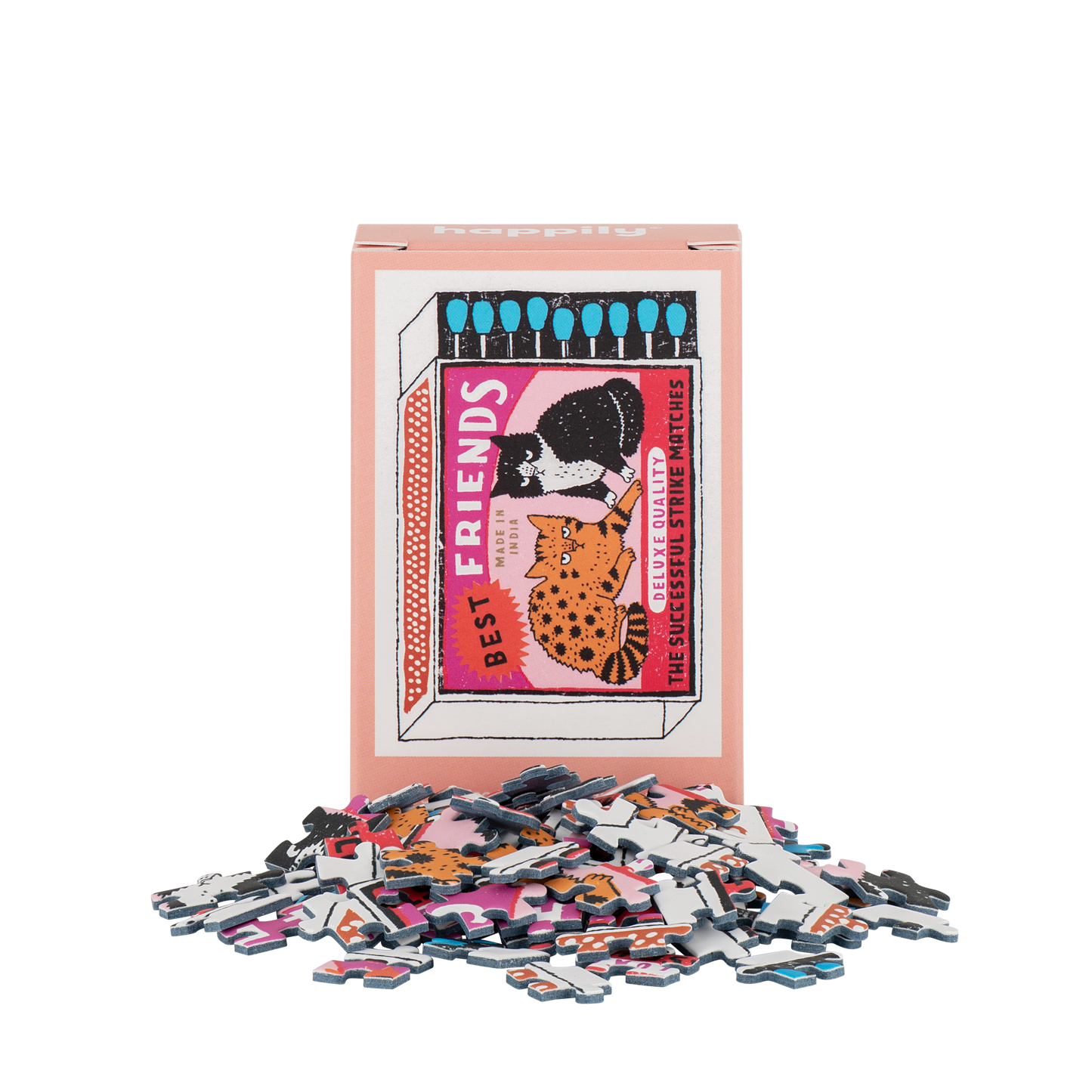 Puzzle pieces and packaging with 'Best Friends' illustration on a white background