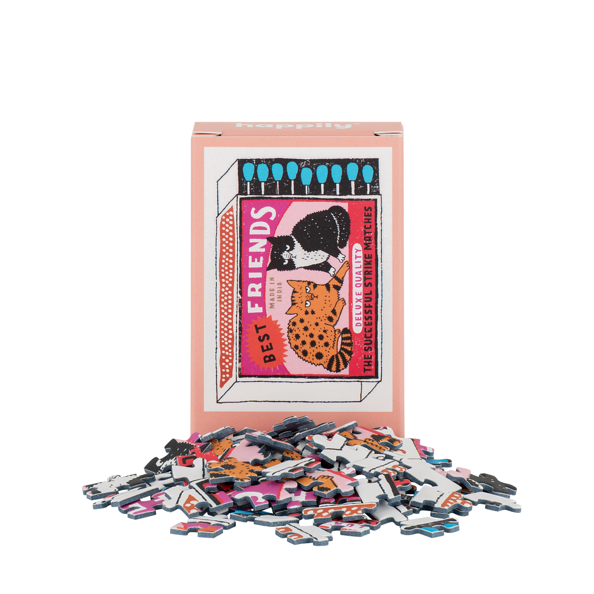 Puzzle pieces and packaging with 'Best Friends' illustration on a white background