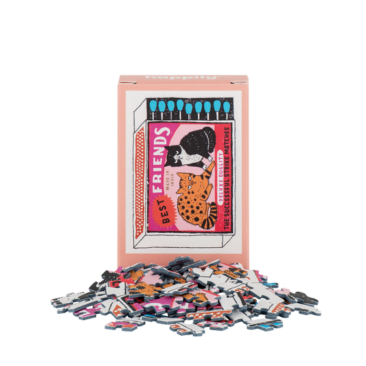 Puzzle pieces and packaging with 'Best Friends' illustration on a white background