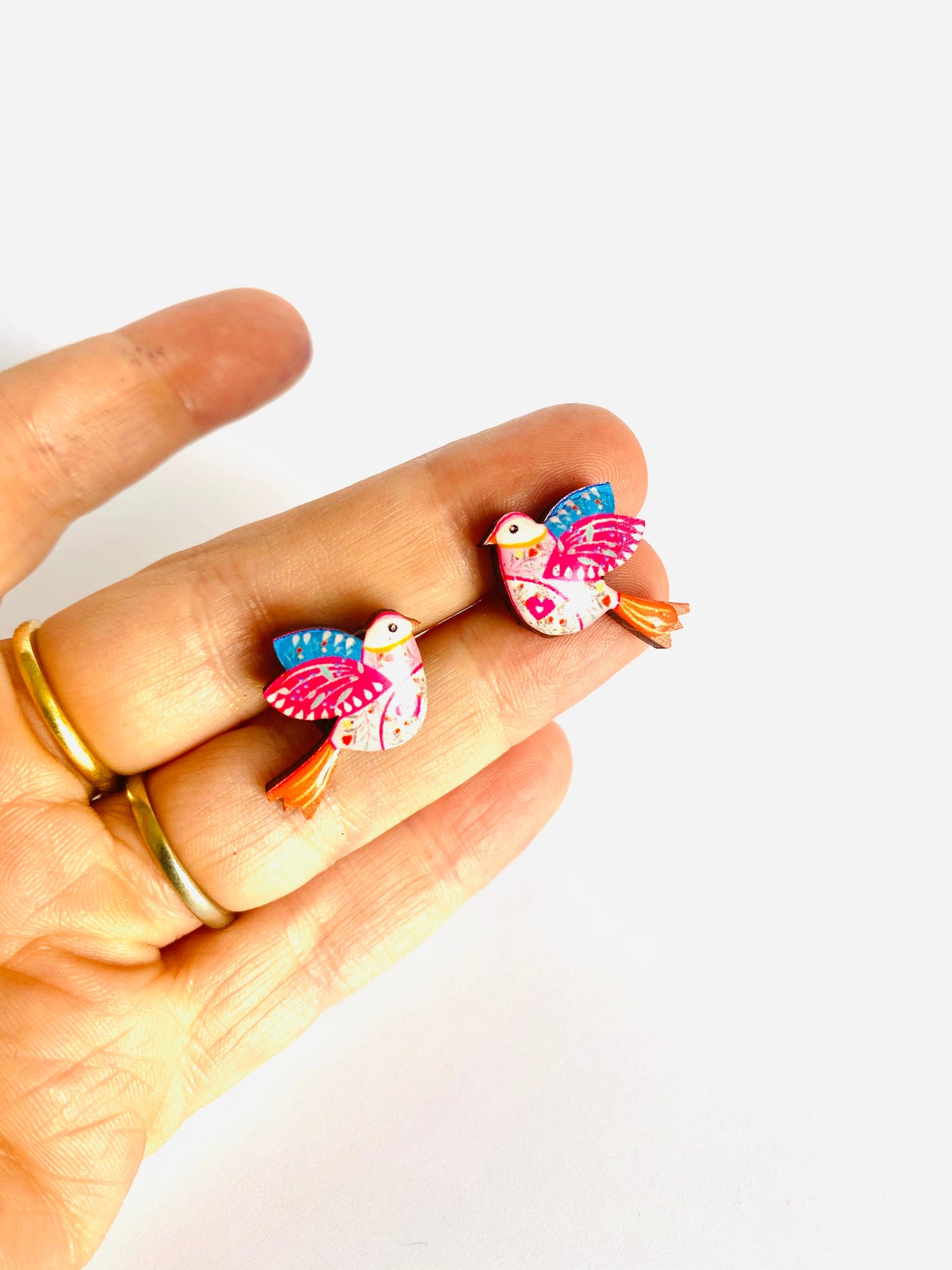 Folklore bird studs wooden and enamel earrings.