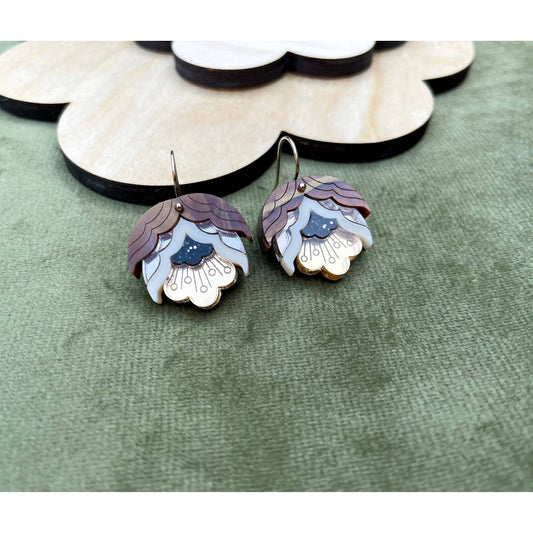 Pair of floral earrings on a green fabric background