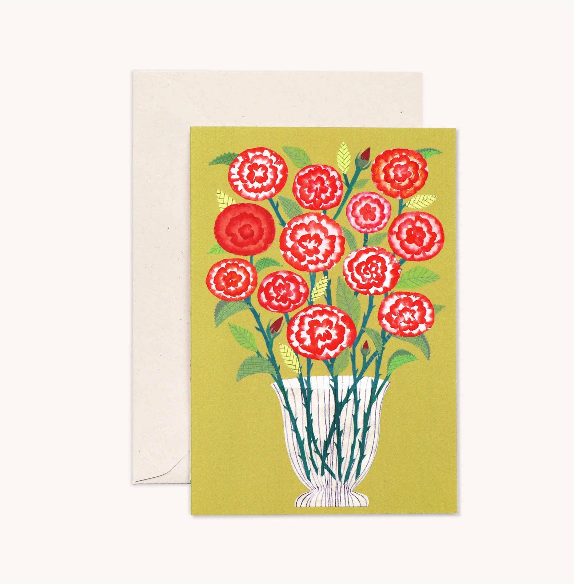 Greeting card with red flowers in a vase on a green background
