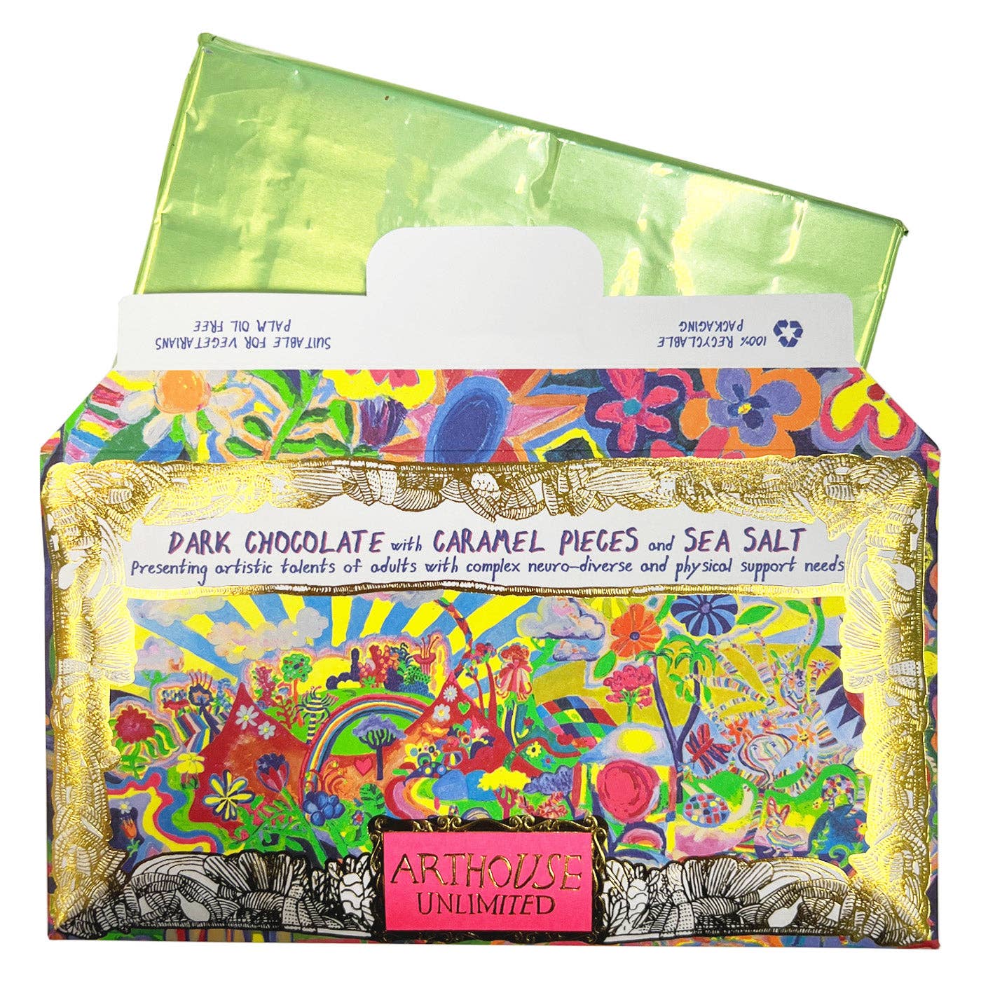 Colorful chocolate packaging with artistic design and text on a white background