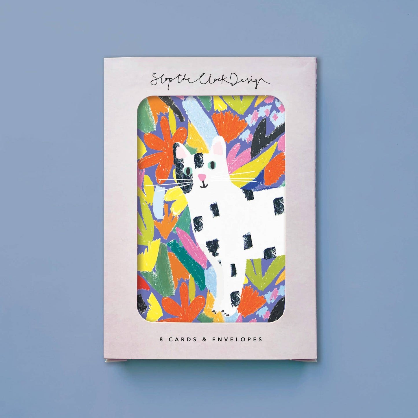 Card set with colorful cat design on a blue background