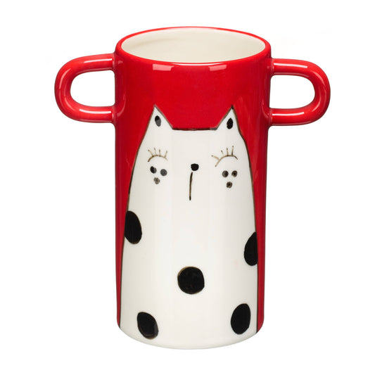 Yellow vase with handles and black cat illustration.