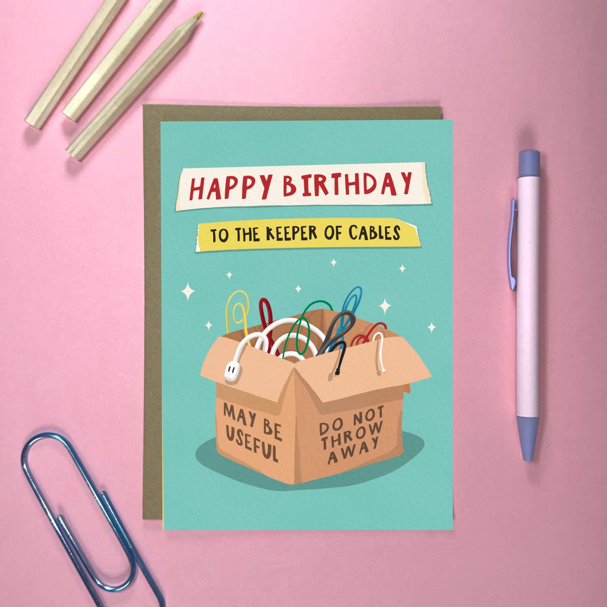 Whimsical Birthday Card.  Happy Birthday to the keeper of cables.