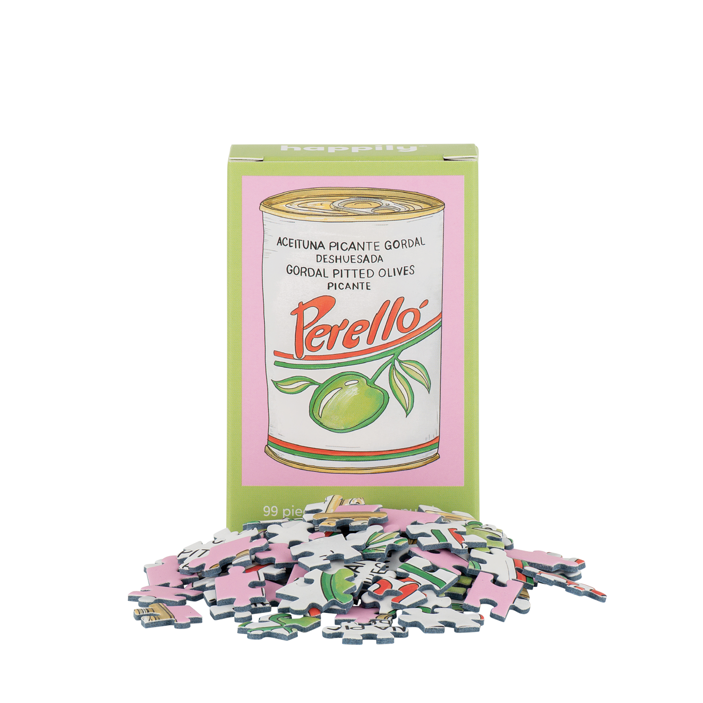 Puzzle with a can of Perello olives design on the packaging