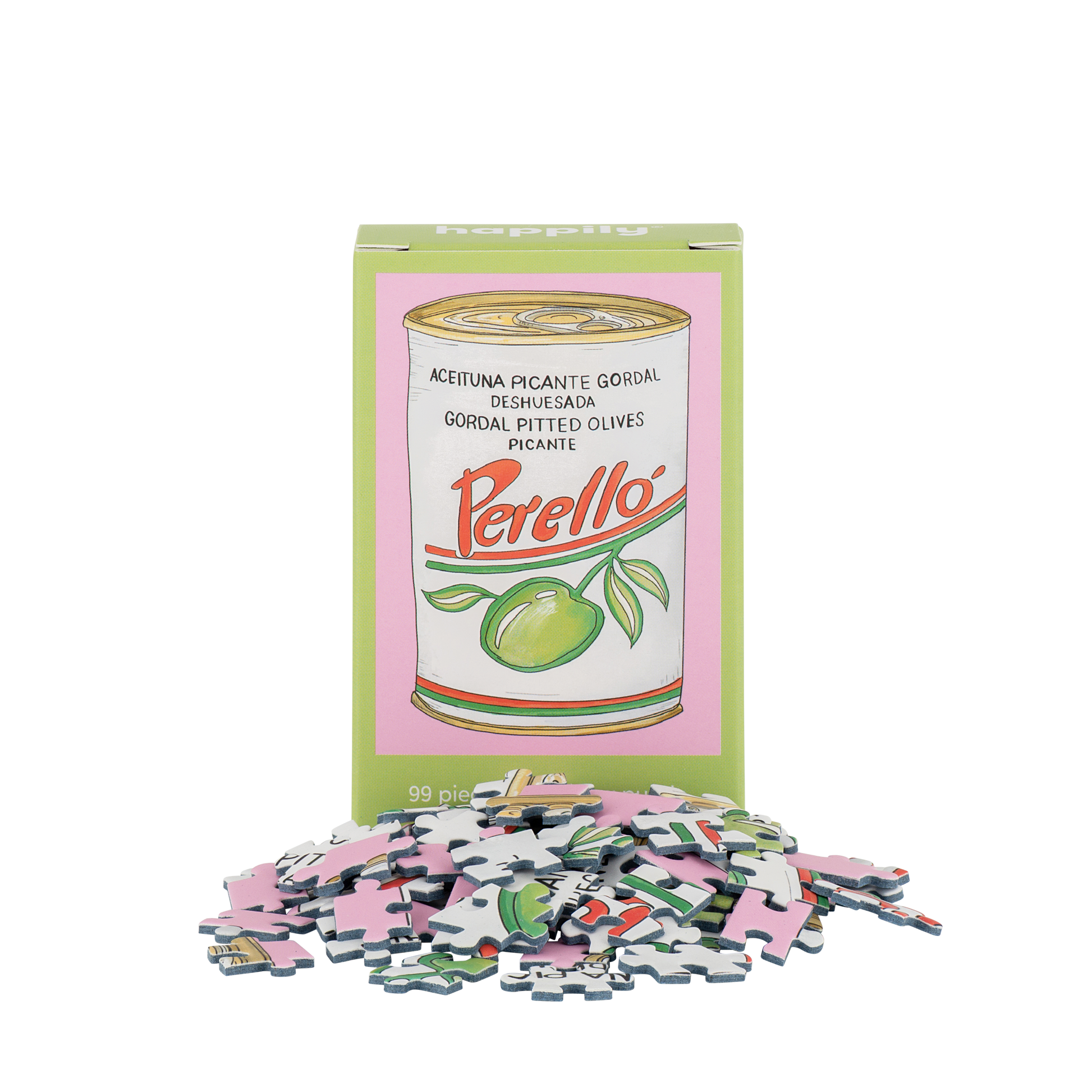 Puzzle with a can of Perello olives design on the packaging