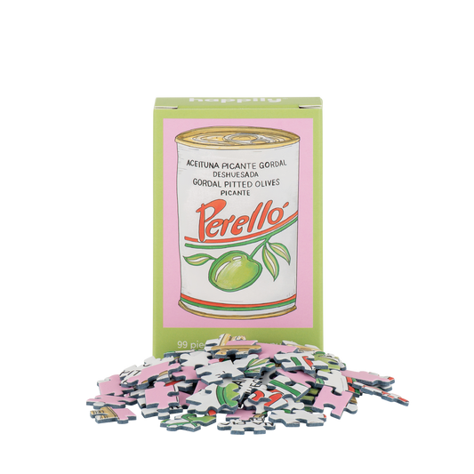 Puzzle with a can of Perello olives design on the packaging