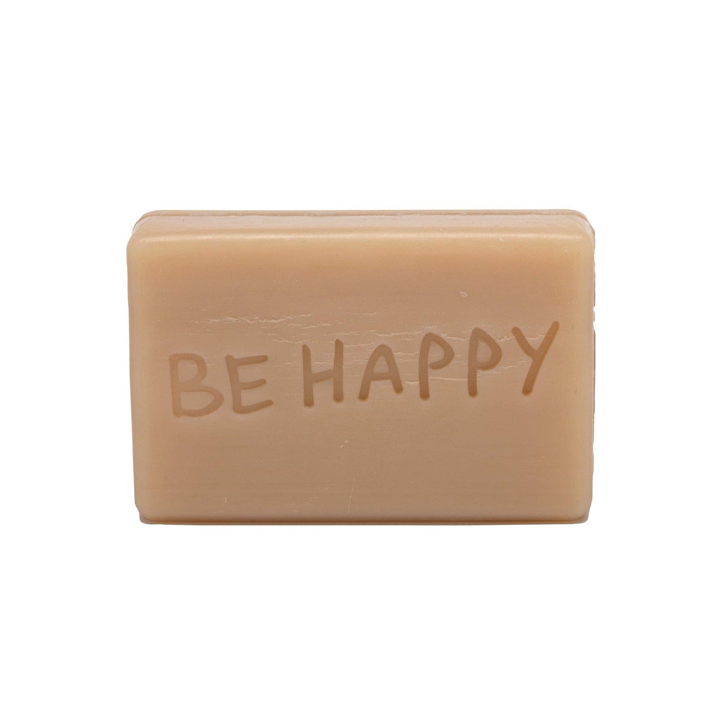 Bar of soap with 'BE HAPPY' text on a white background