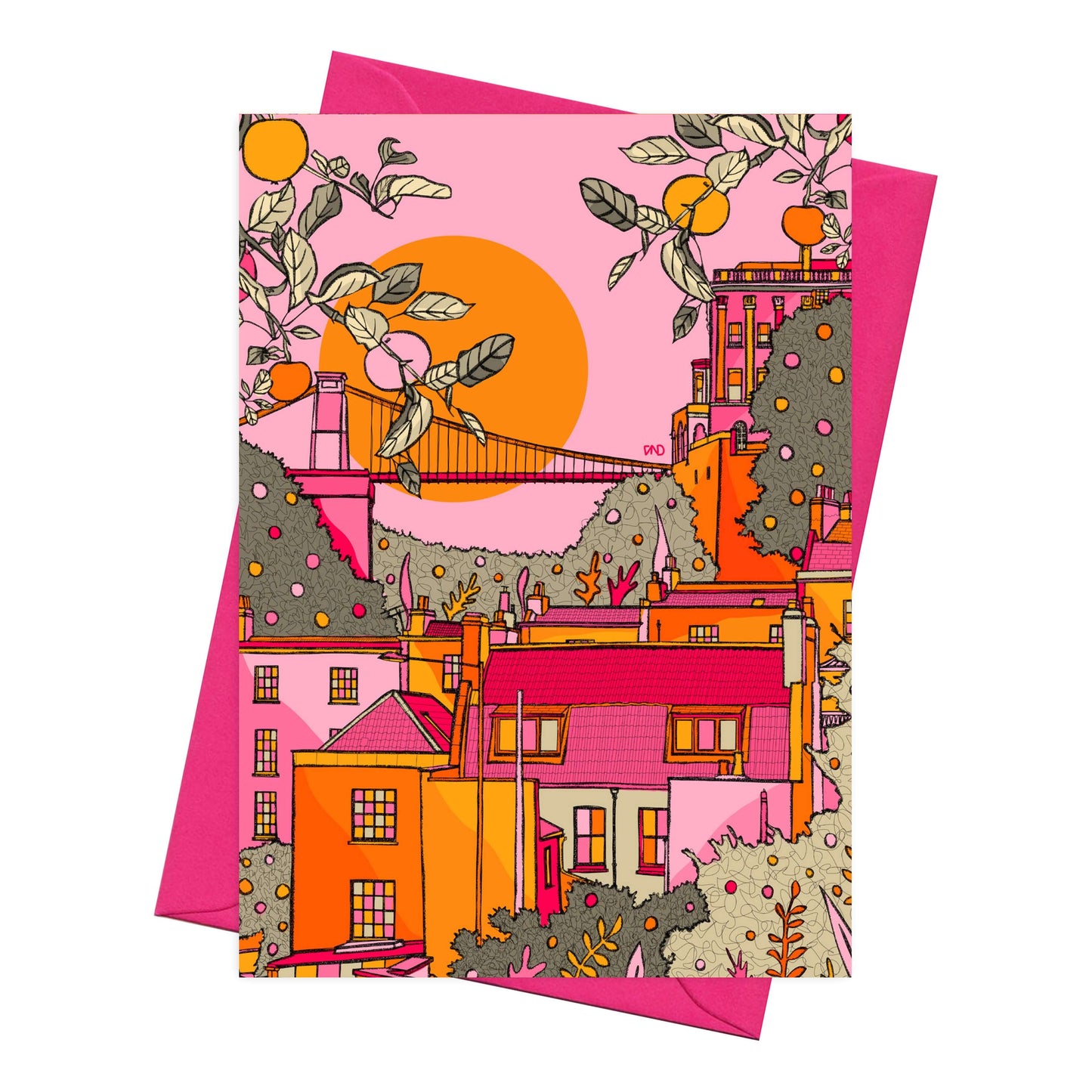 Bristol Scene on a background of orange, pink & yellow, Occasion Card